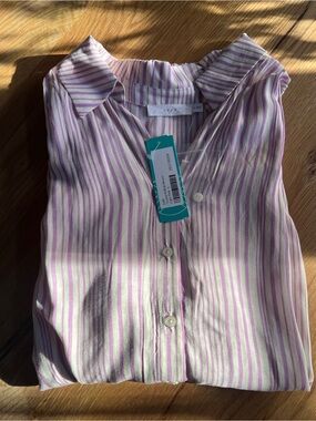 LUSH TATIANA ROLL-TAB  STRIPED BLOUSE IN ORCHID, SIZE L, NWT.